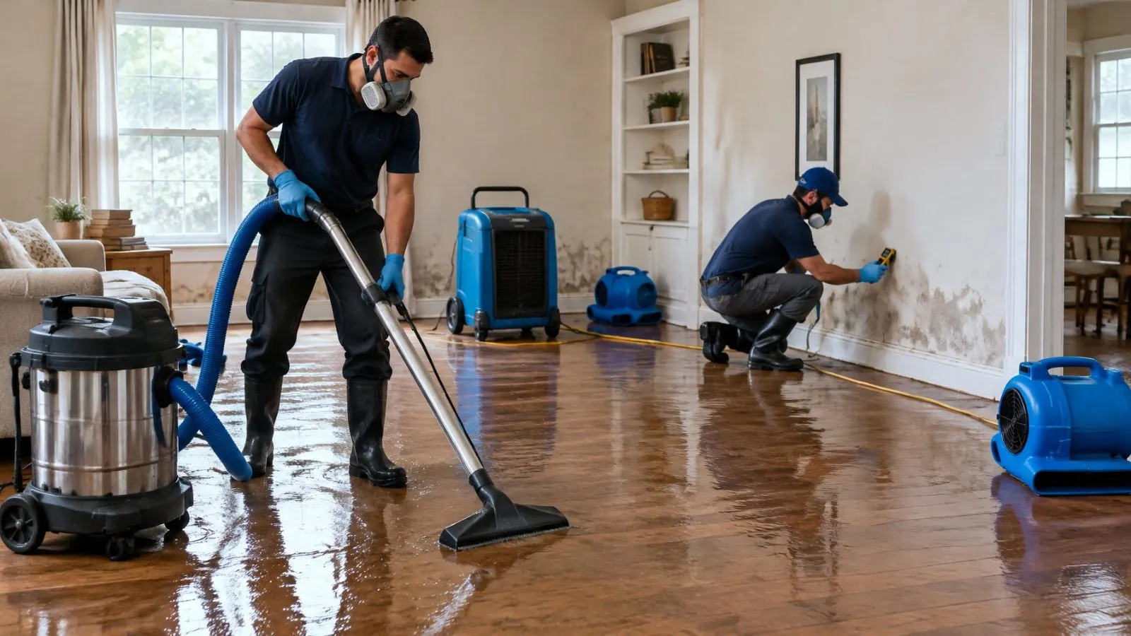 Technicians extracting water from a hardwood floor with drying fans in a living room