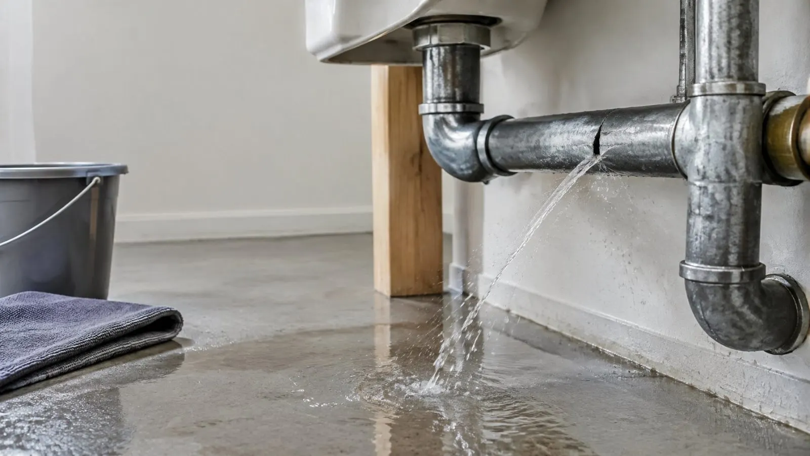 Leaking pipe joint with water pooling on the floor