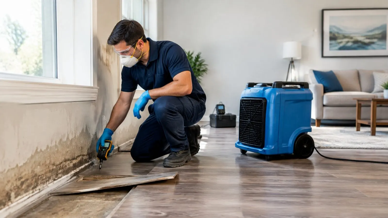 Technician lifting water-damaged flooring next to a drying fan