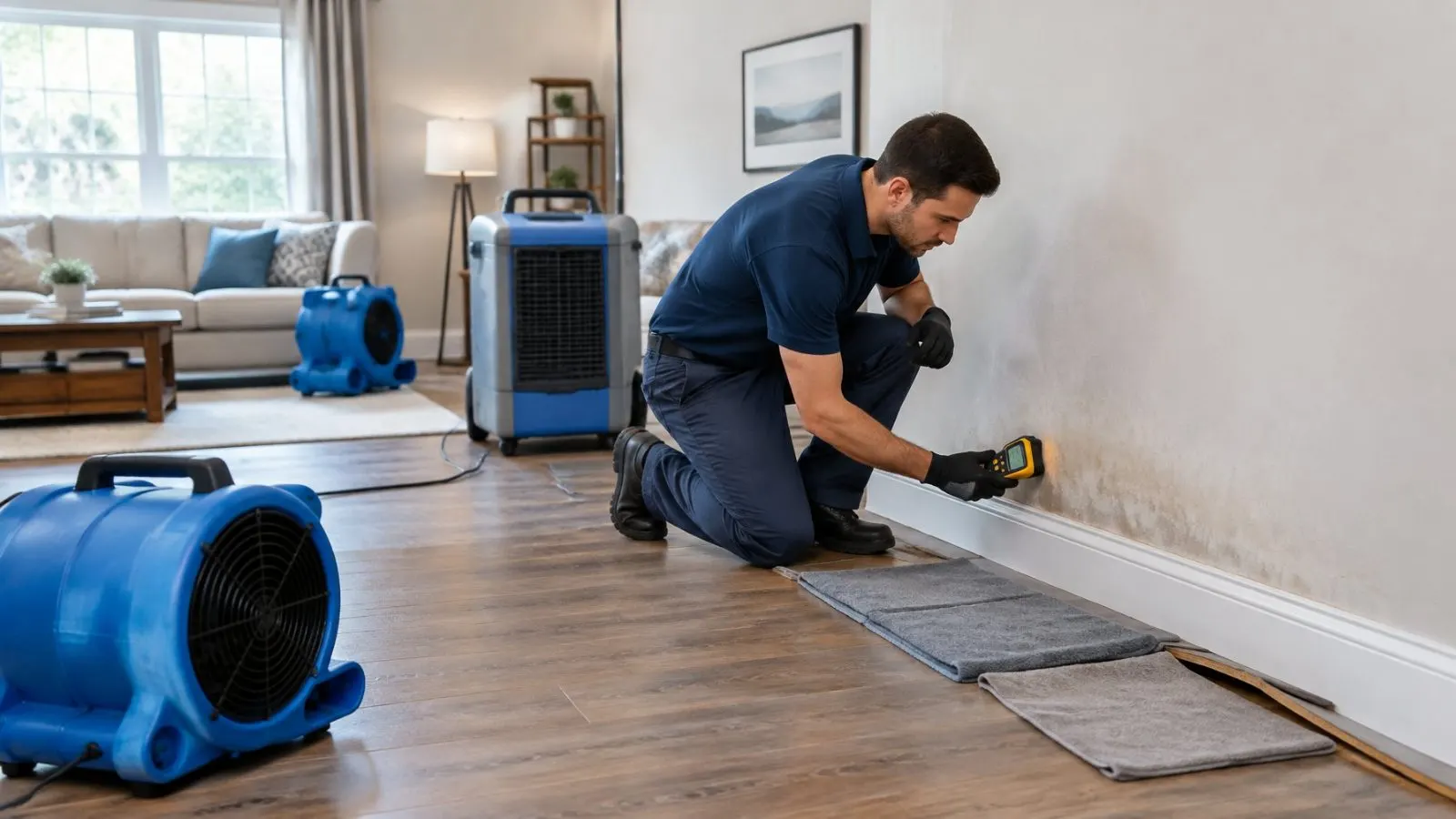 Technician measuring moisture along a baseboard with air movers running