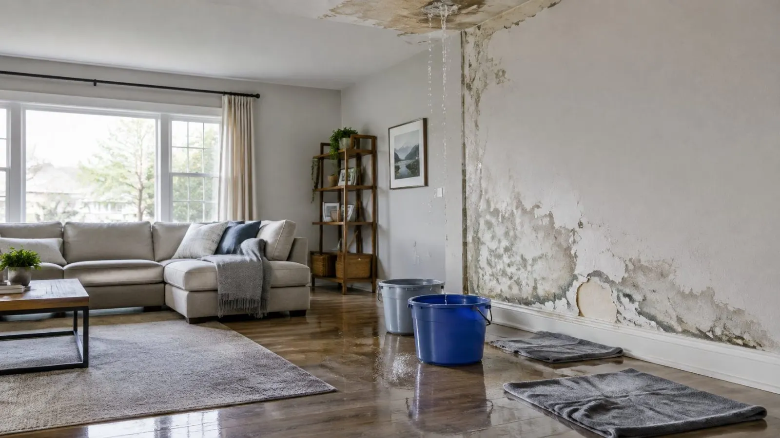 Living room wall with water stains and peeling paint