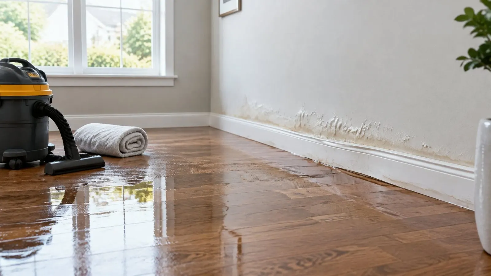 Wet hardwood floor with a wet vacuum and rolled-up rug after a leak